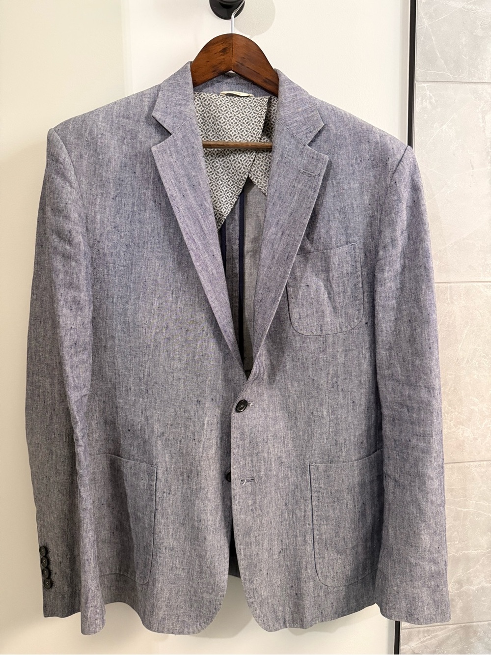 Men's Light Gray/Blue Linen-Blend Blazer - Classic Two-Button